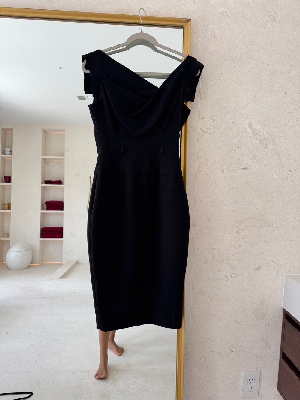Black Halo Black Draped Off-Shoulder Midi Dress